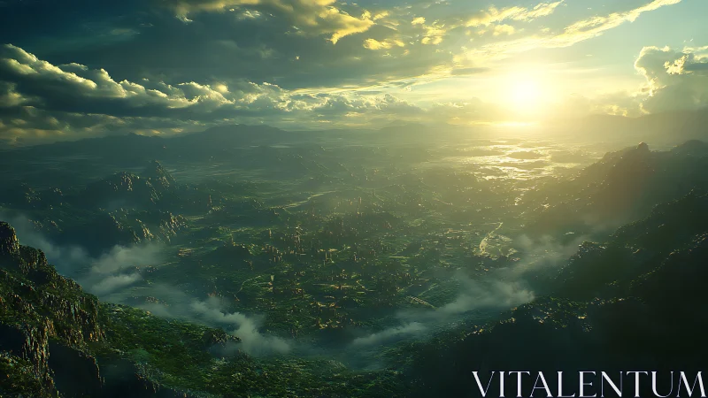 Sunlit valley city rendered between mountains at sunrise