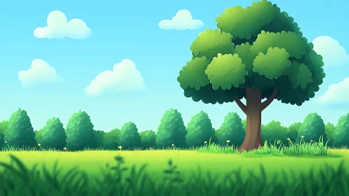 Sunlit stylized tree in layered low-depth-of-field meadow scene