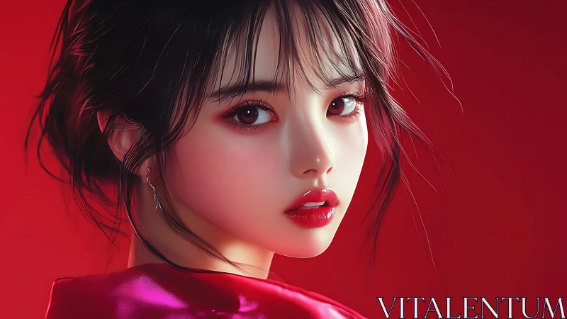 Crimson-lit digital portrait of woman with glossy red lips.