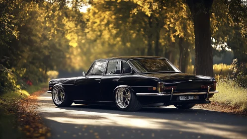Black classic sedan is parked on a tree lined country road