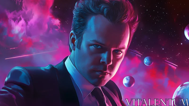 Male figure in suit against neon-tinted outer space scene.