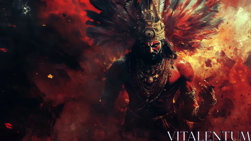 Fiery warrior deity strides through swirling embers and smoke