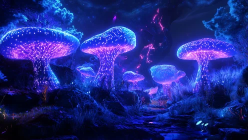 Gentle glow of giant neon mushrooms in a midnight forest.
