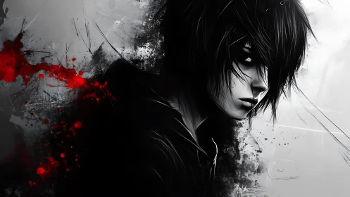 Monochrome emo portrait with kinetic red splatter dynamics.