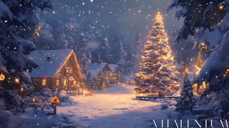 Snow-covered village square illuminated by dense Christmas tree lights