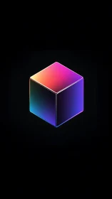 Neon gradient cube on black field, minimalist 3D construct.