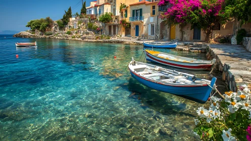 Mediterranean coastal inlet with moored boats and houses.