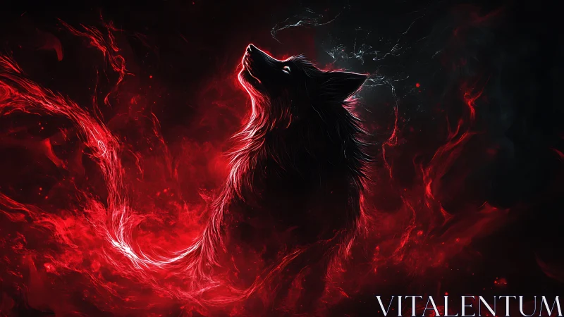 Fiery spirit fox rising in swirling crimson night glow.