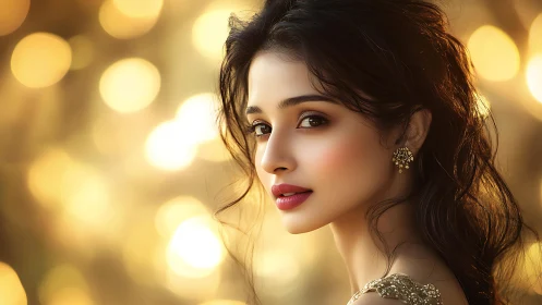 Golden bokeh portrait with soft-focus cinematic lighting.
