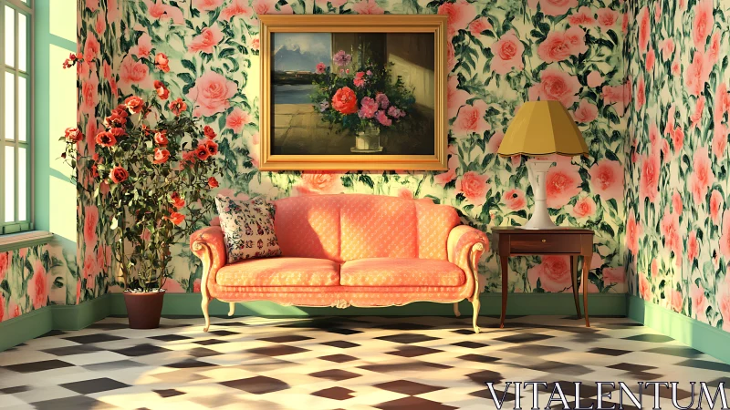 Floral sitting room glows in warm sunlight and vintage charm
