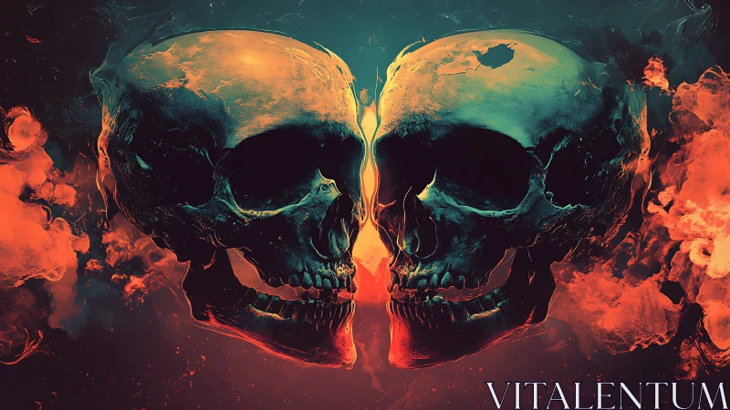 Fiery mirrored skulls in smoky red and teal haze at night.