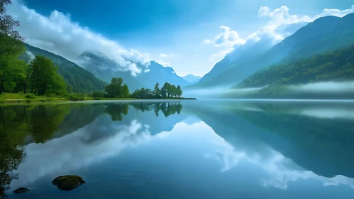 Symmetric alpine lake reflection with low fog and backlit ridges