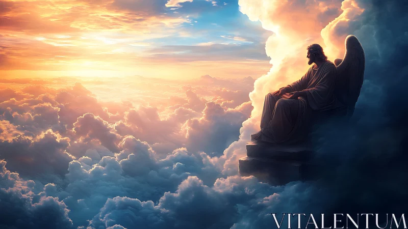 Serene angelic sentinel observes a radiant celestial sunrise