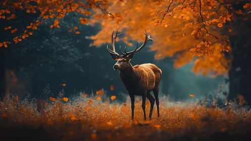 Majestic stag in cinematic autumn woodland haze at dusk.