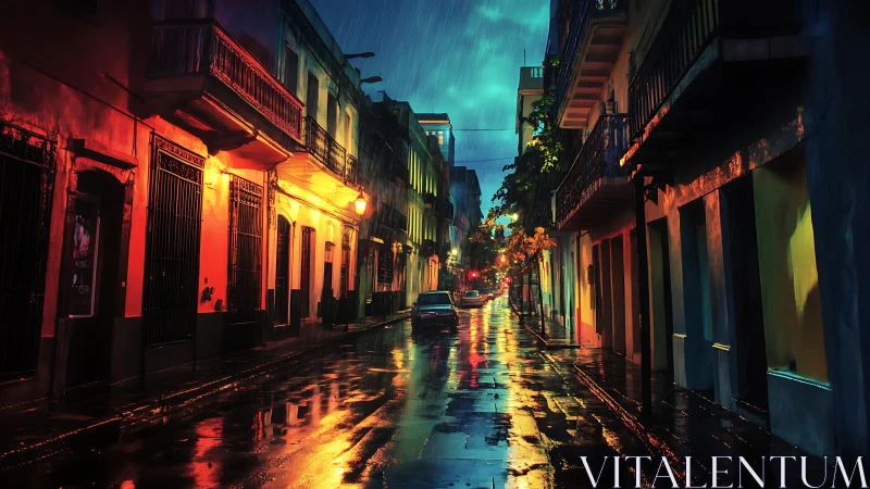 Rain-soaked neon alleyway humming under tropical twilight.