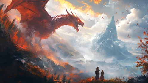 Colossal red dragon confronts two figures in luminous alpine pass