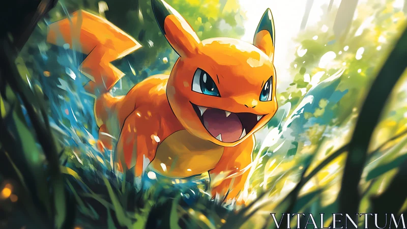 Luminous orange creature sprinting through refracted forest light.