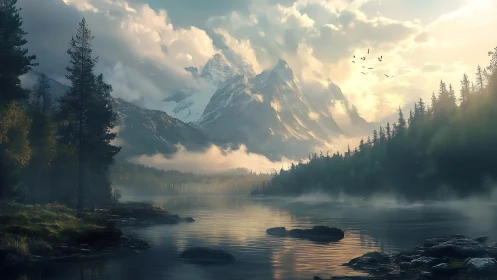 Sunlit alpine peaks rising above misted conifer lake.