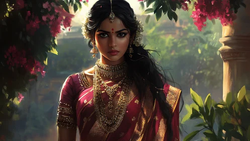 Regal Indian woman stands in lush courtyard wearing red sari