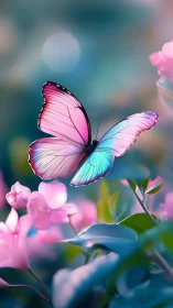 Pastel butterfly hovers over orchids in soft bokeh garden.