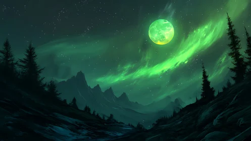Moonlit emerald sky welcomes a quiet, enchanted valley night