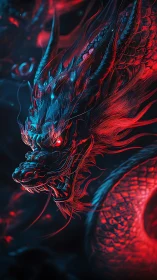 Neon-scaled dragon coils through luminous crimson shadows.