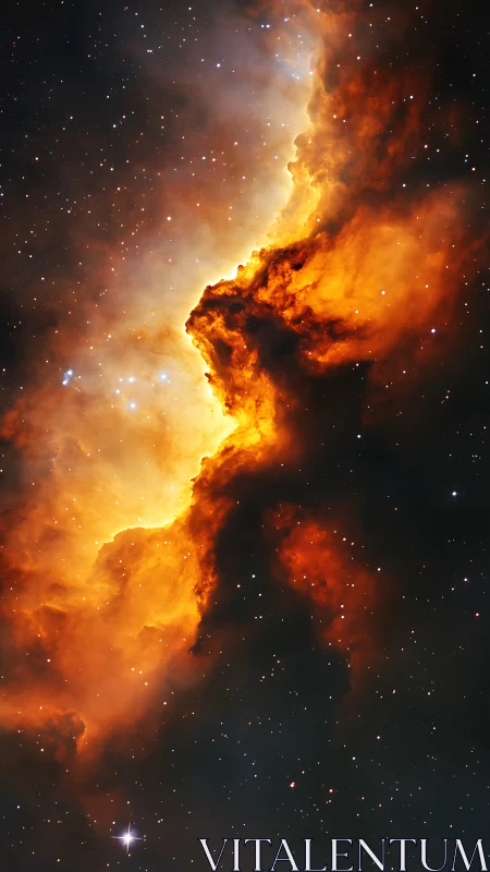 Fiery interstellar nebula glows amid dense star field.
