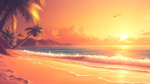 Tropical sunset beach with glowing waves and palms.