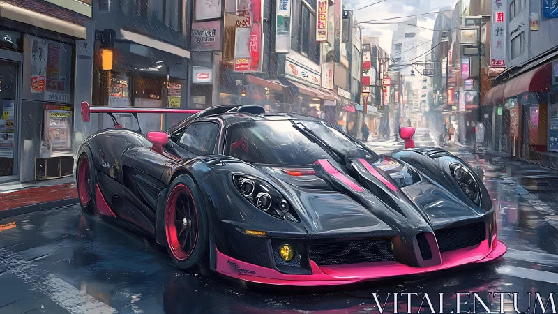 Rain-soaked Tokyo street with neon-trimmed hypercar artwork.