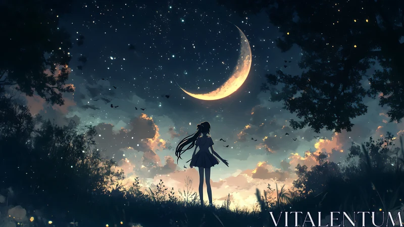 Girl under a crescent moon in a softly glowing night sky.