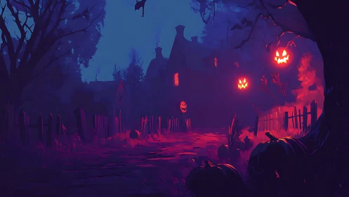 Halloween path with pumpkins leading to distant old house.