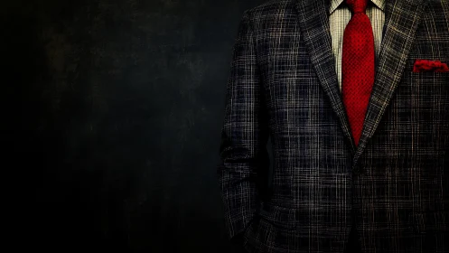 Tailored plaid suit with red tie against dark textured backdrop.