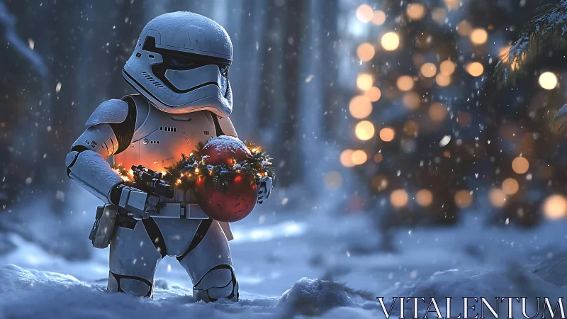 Armored figure holding ornament in snowy forest setting.