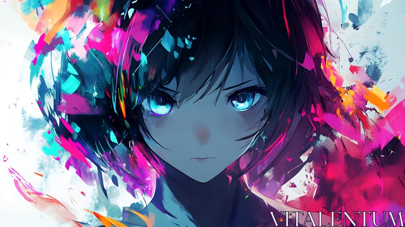 Intense anime portrait with high-contrast neon splatter compositing