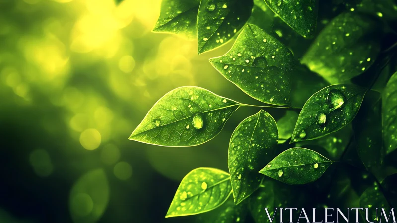 Macrophotographic foliage with dew under luminous bokeh field.