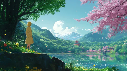 Solitary figure overlooking serene cherry blossom valley.