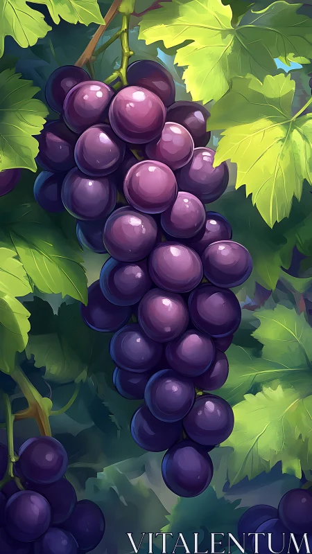 Sunlit purple grapes hang ripe among lush green vineyard leaves