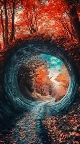 Forest path through circular tunnel with autumn foliage.