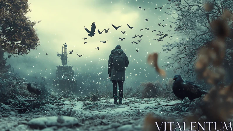 Solitary figure in snowy path with crows and distant structure.