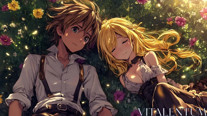 Young anime couple rest in a sunlit meadow of wildflowers