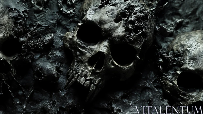 Rendered corroded skulls emerge from dark textured surface