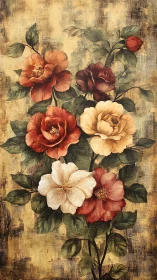 Vintage floral study renders camellias on textured patina ground