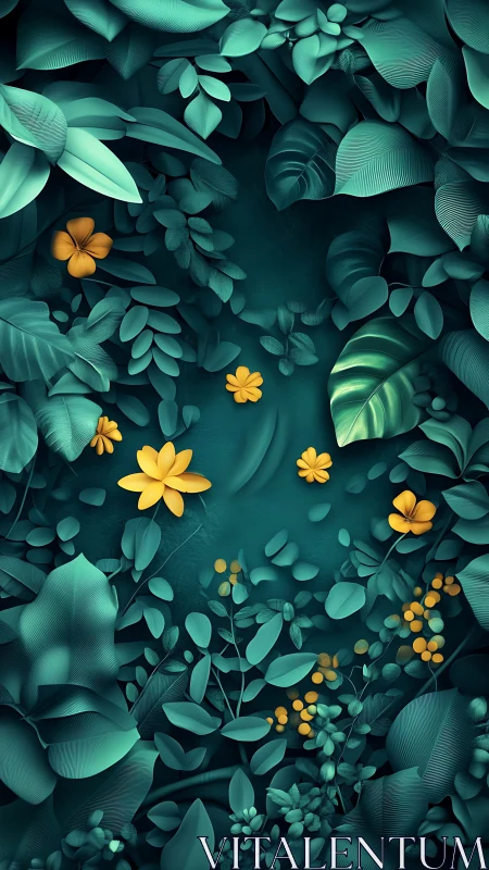 Golden blossoms glow within lush teal tropical foliage