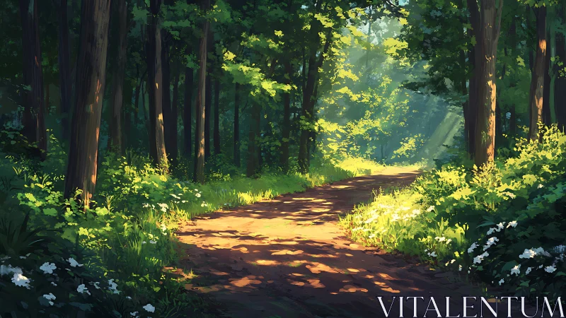 Dappled Passage: Where Sunlight Dances Through Ancient Woods.