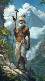 Mystic mountain sage stands over emerald valley in clouds.