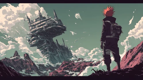 Lone explorer surveys colossal floating sci-fi fortress.