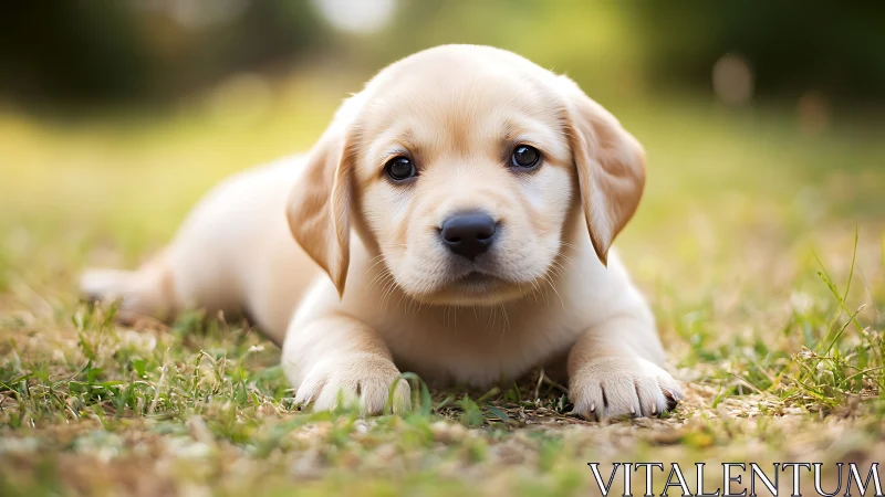 Yellow labrador puppy lying on grass in soft daylight.