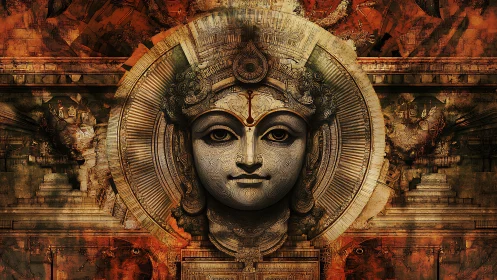 Ornate divine mask with concentric halo over layered temple relief