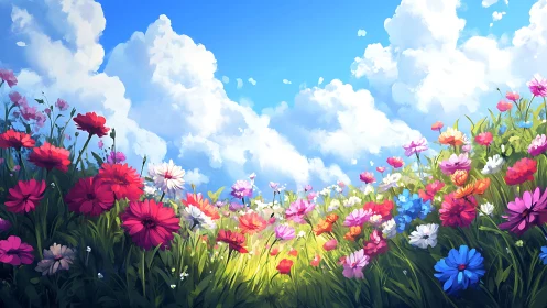 Wildflower meadow glows under towering summer clouds