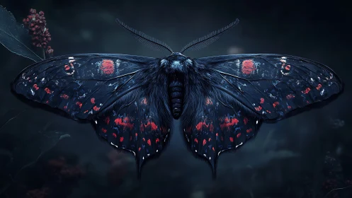 Digital rendering shows dark moth with red and blue markings